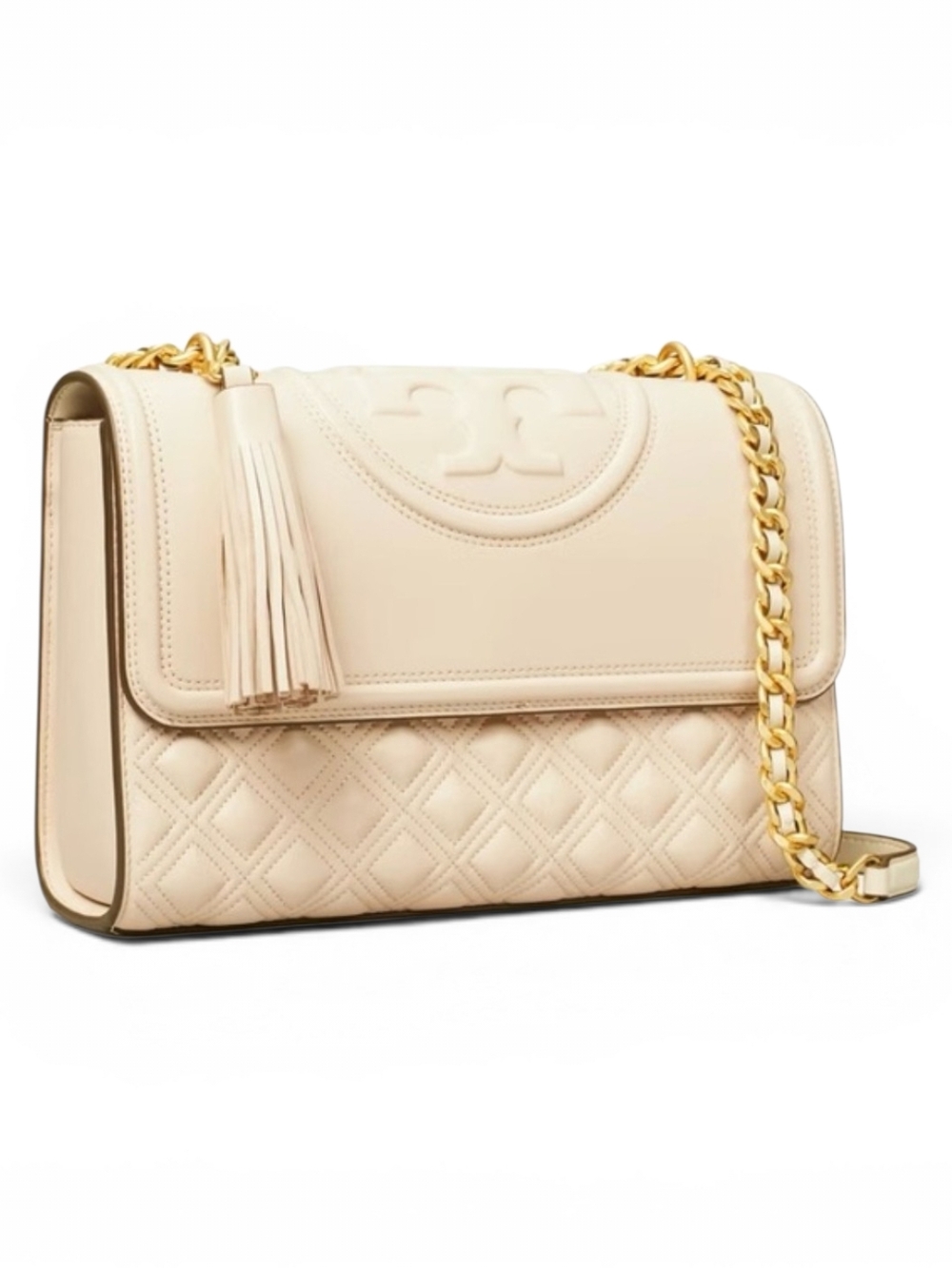Tory Burch Quilted Cream Leather Shoulder Bag with Gold Chain